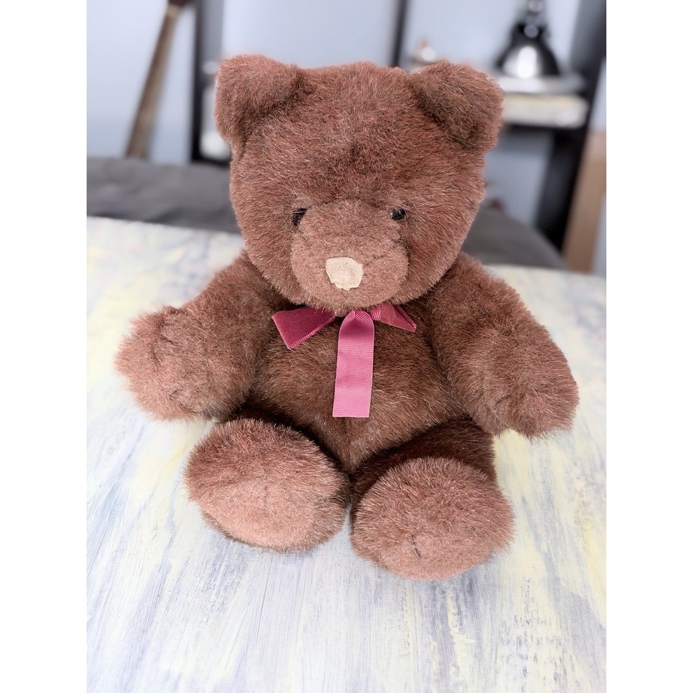 Vintage 1983 GUND Classics Collection Brown Teddy Bear Plush 14" Red Bow